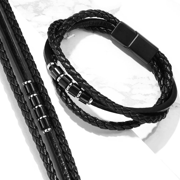 Men's Leather Bracelet, Black Leather Bracelet, Bracelet for Men, Men's Bracelet - Picture 6 of 9